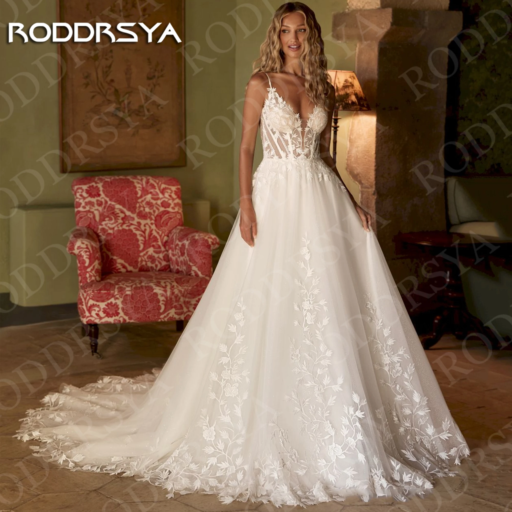 

RODDRSYA Boho V Neck Wedding Dresses Spaghetti Straps Woman Appliques Lace A Line Bridal Dress Tulle Open Back Customized 2026