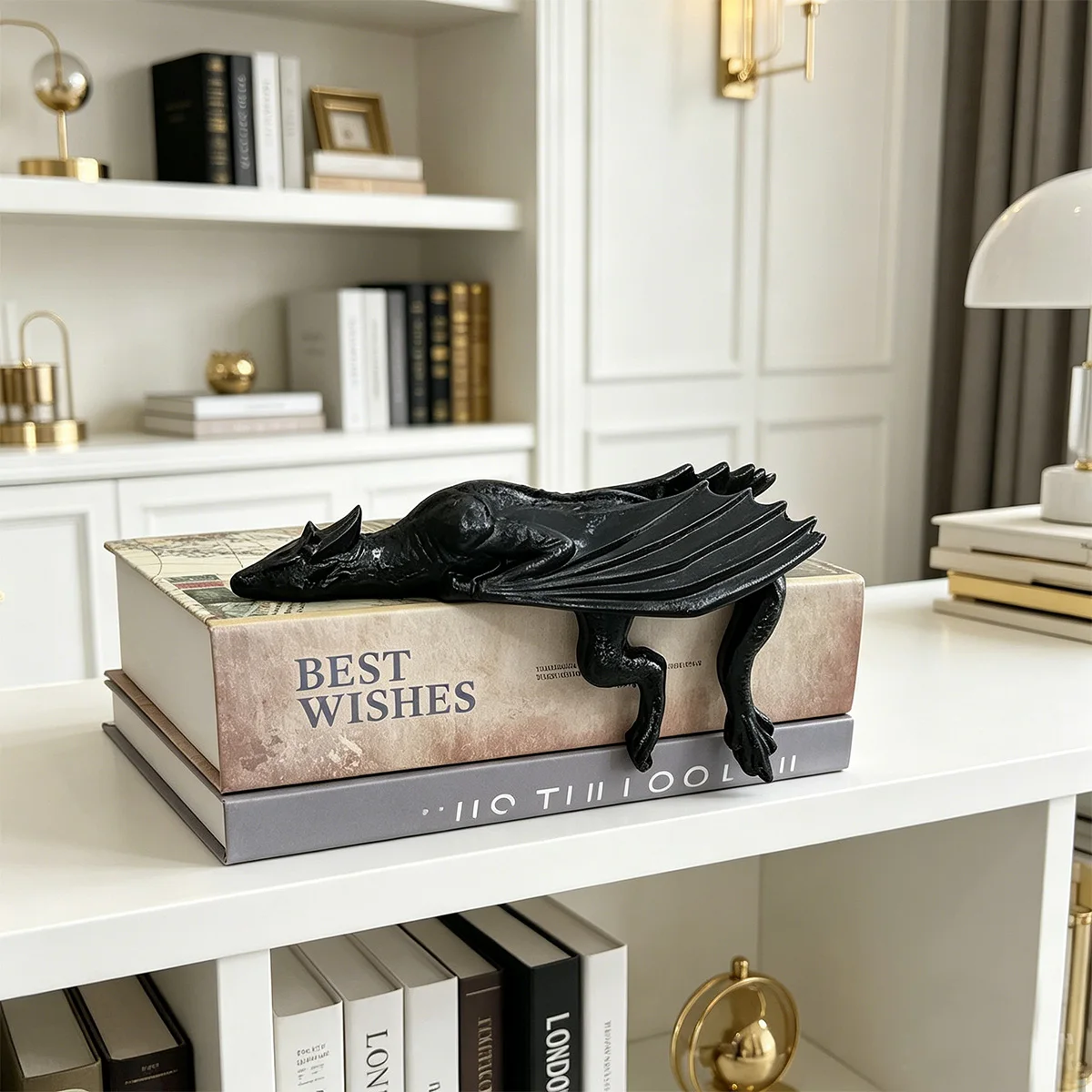 1Pc Resin Decorative Ornament, Home Decor, Flying Dragon Bookshelf Decoration, Bookshelf/Desk/Office Desk Decoration, Hanging Double-Horned Flying Dragon, Ideal Gift for Book Lovers, Adds a Fantasy Style to the Study Room.