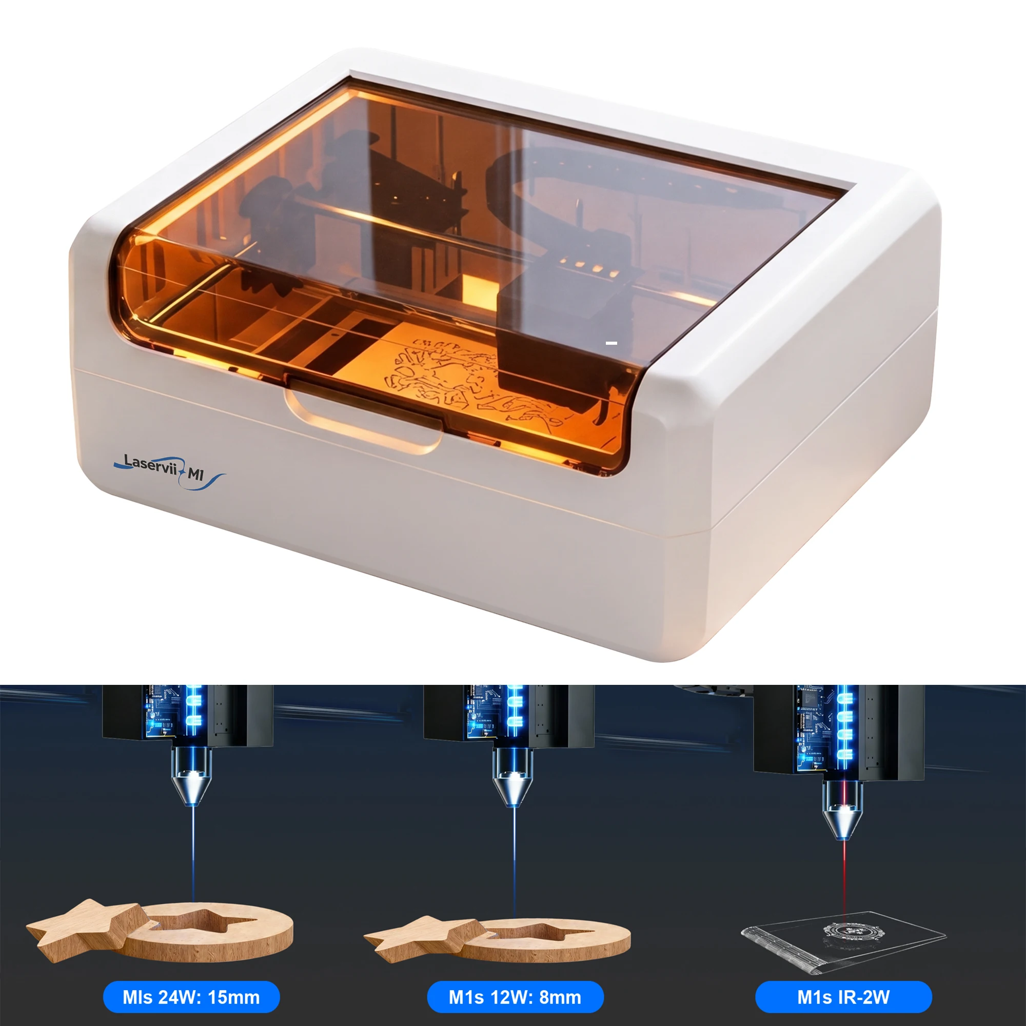Laservii Engraving Machine M1s-IR 2W / M1s-24W/M1s-12W Laser Engraver 445nm/1065nm High Absorption 36000mm/min 95% Pre-Assembled