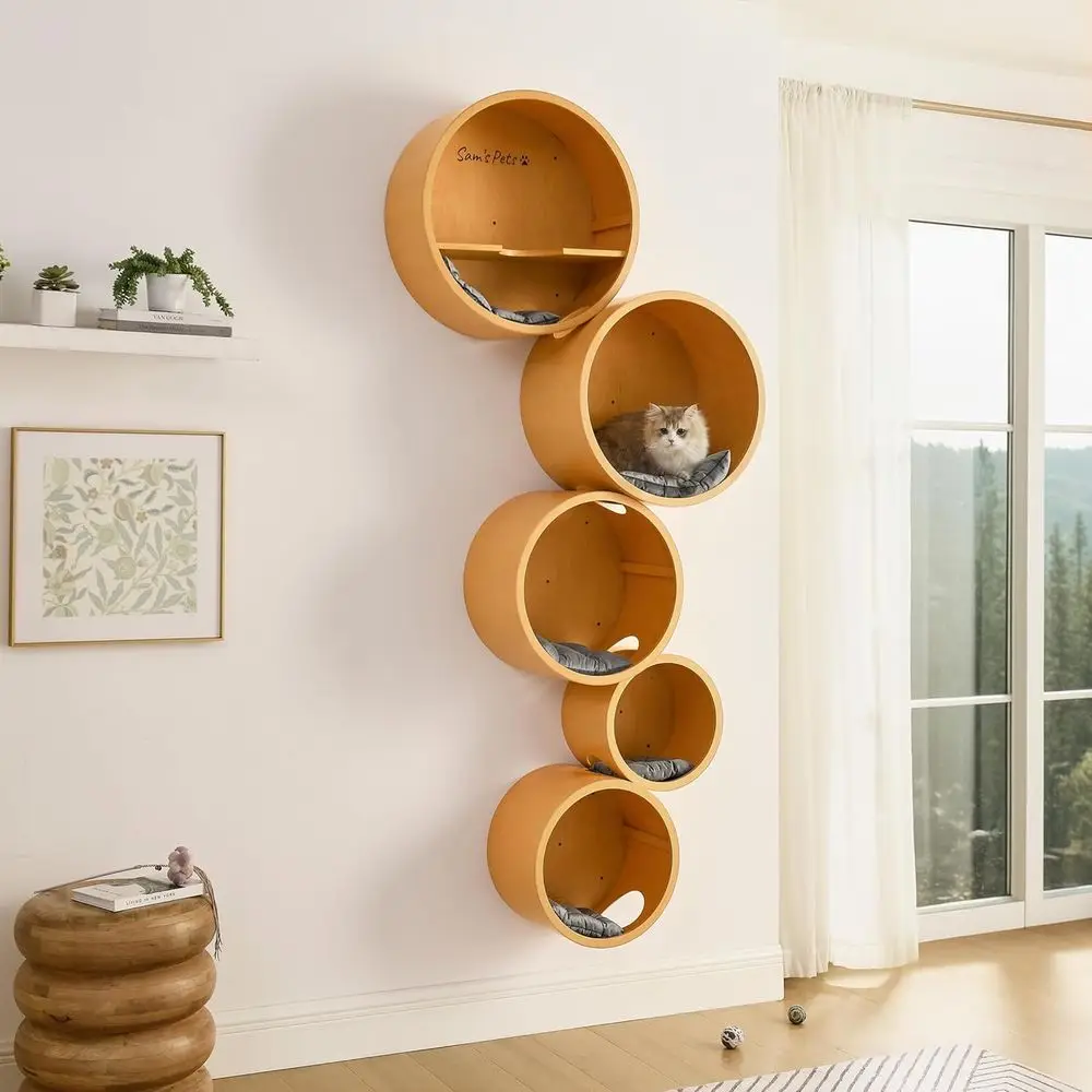 

Natural Wood Light Oak Wall-Mounted Cat Tree - Stylish Indoor Cat Furniture with Cushions for Space-Saving