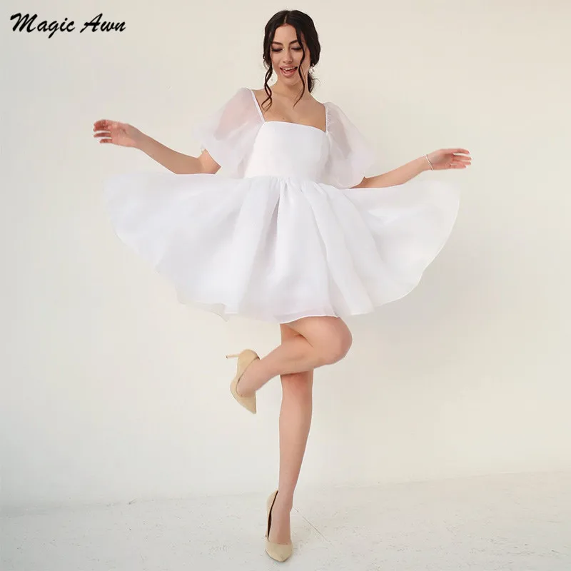 

Magic Awn Chic Short Wedding Dresses Organza White Puffy Sleeves Lace-Up Back Mariage Party Gowns For Women Simple Vestido Novia