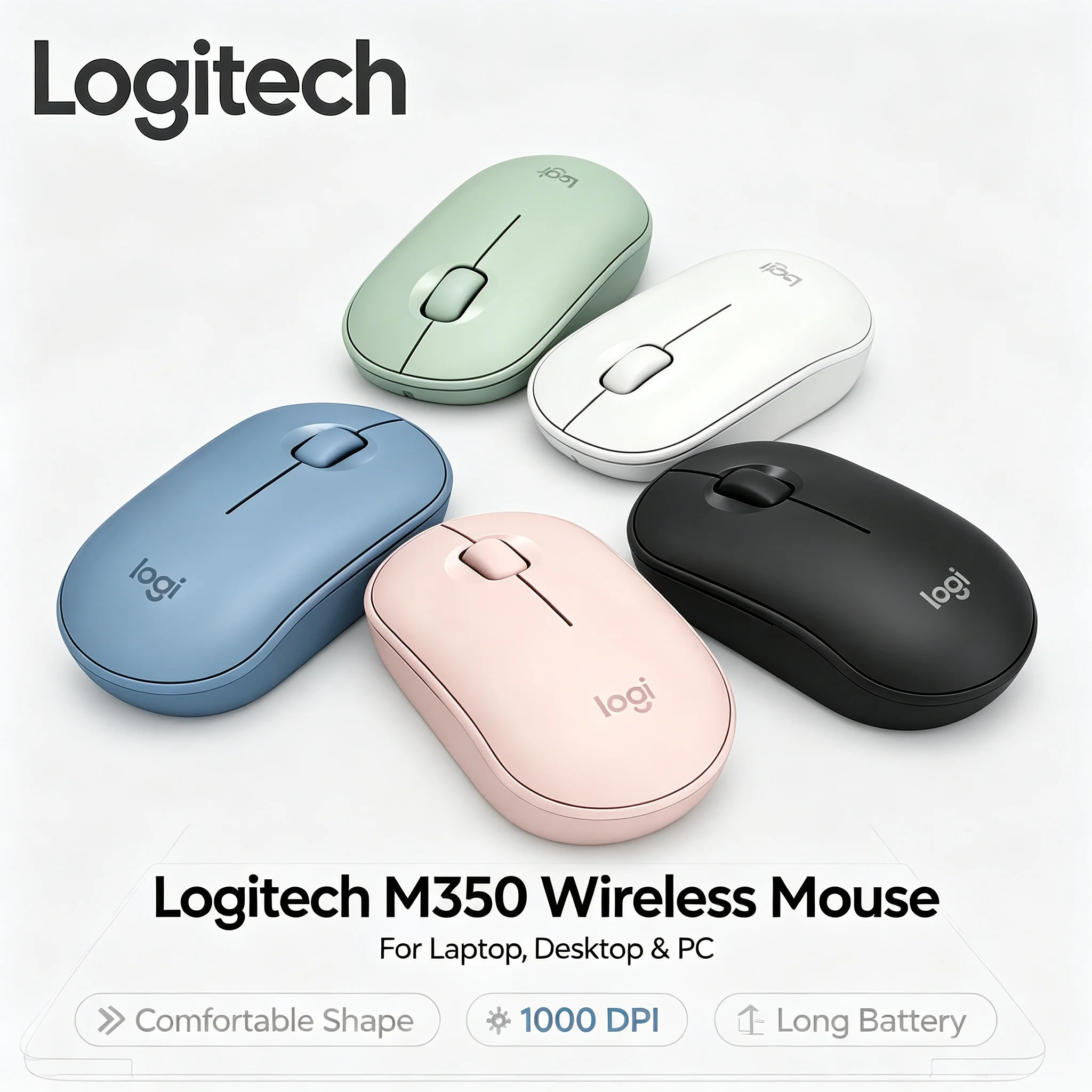 Logitech M350 Pebble Wireless Silent Mouse Slim Portable Bluetooth Mouse For Desktop Mac Chromebook