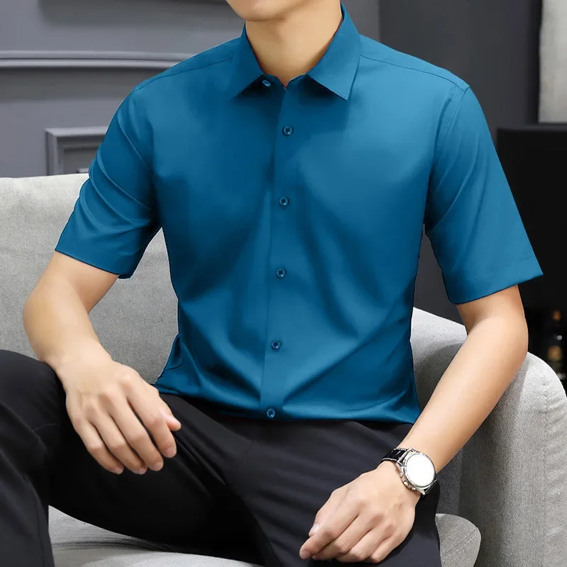 

New Men's Business Casual Solid Color Short Sleeved Shirt for Summer Fashion No Ironing Comfortable and Versatile Top