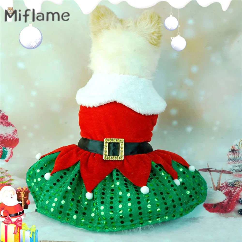 

Miflame Christmas Pet Clothing Classic Button Style Dogs Cats Skirt Teddy Bichon Christmas Tree Sequin Small Dog Christmas Dress