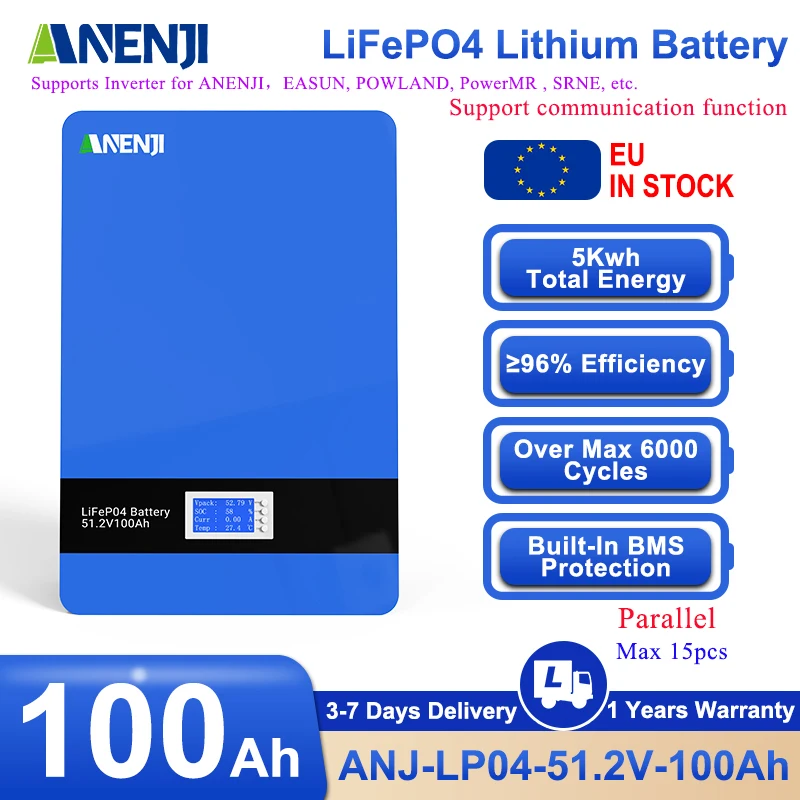 Batteria ANENJI Powerwall LiFePO4 48V 100AH Una cella 6000 cicli 51.2V 5KWH con CAN RS485 16S BMS per accumulo di energia solare domestica