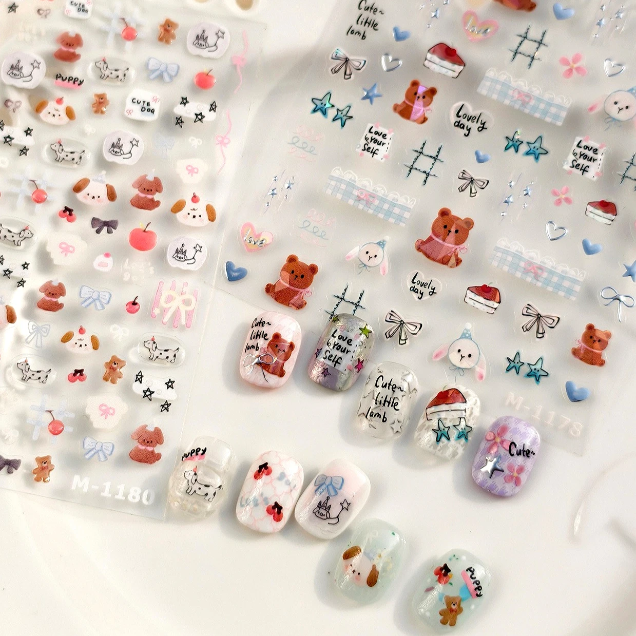 

Cute Dog Cat Bear Apple Star Heart Cake Rabbit Flower Graffiti Cow Duck Clock Guitar Note Bowknot Cloud Nail Art Stickers Decals