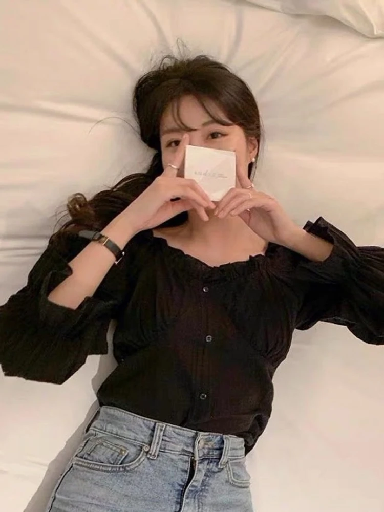 Sweet Korean Sle Bubble Sve irt Women's Spring Faion Gentle Personali ort Length Slim Fit irt Pure Color Commu...