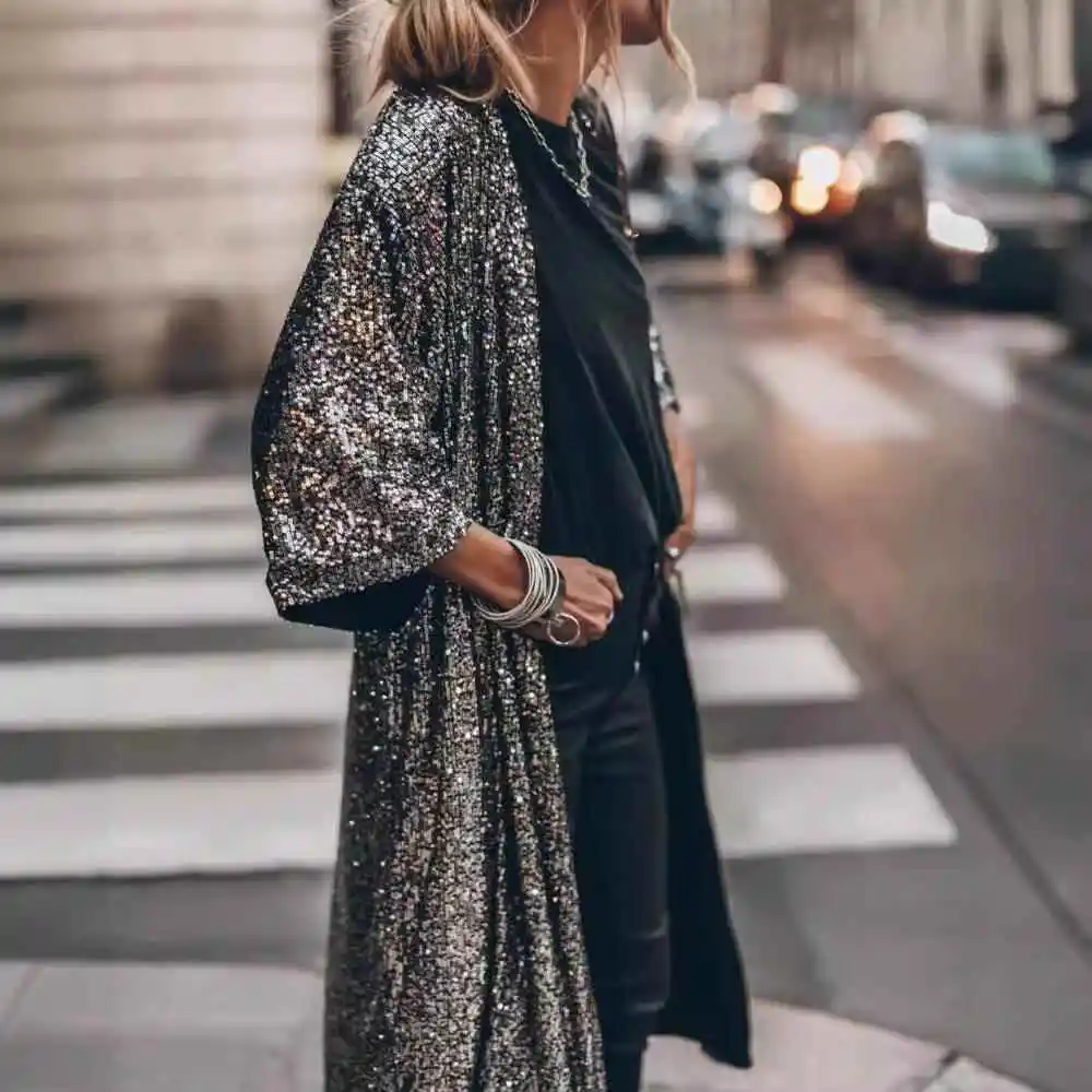 

Women's Par Glitter Cardigan Jaet Sparkling Sequin Open-irt Outerwear Polyester Fiber Seven-Quarter Sve Regular Fit