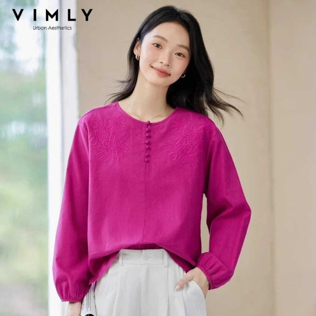 

VIMLY Linen Cotton Blouse Woman Long Sleeve Tops 2026 Autumn Elegant Holiday Embroidered Ladies Shirts & Blouses Woman A2052