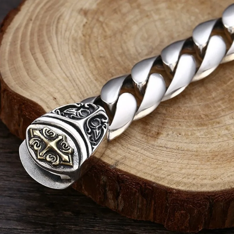 Mens Cuban Link Bracelet - Wide Hip Hop Chain with Cross Design, Vintage Gold Plated Jewelry