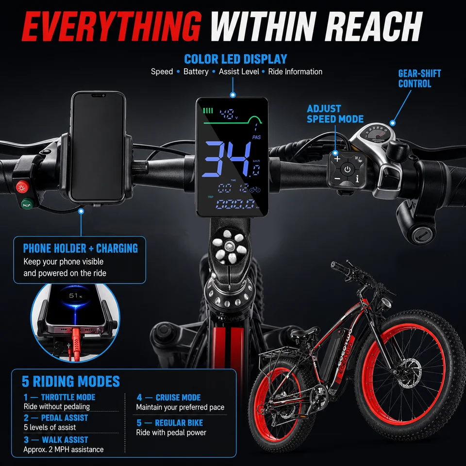 EOEOTWO 26" Fat Tire Electric Bike for Adults, 1000W Motor 1500W Peak, 48V 15Ah Battery, 34 MPH Max Speed, Up to 60 Miles Long Range image 12