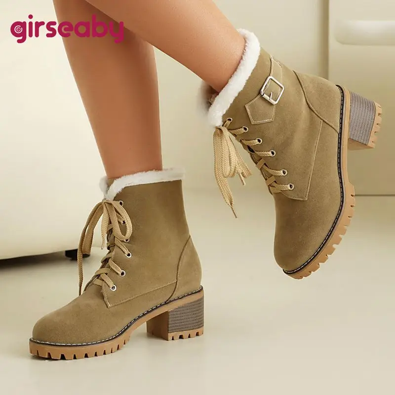 

Girseaby теплая женская обувь до щиколотки с круглым носком на массивном каблуке 5,5 см, замшевая обувь из флока со шнуровкой и пряжкой, размер 43-45, стиль для отдыха