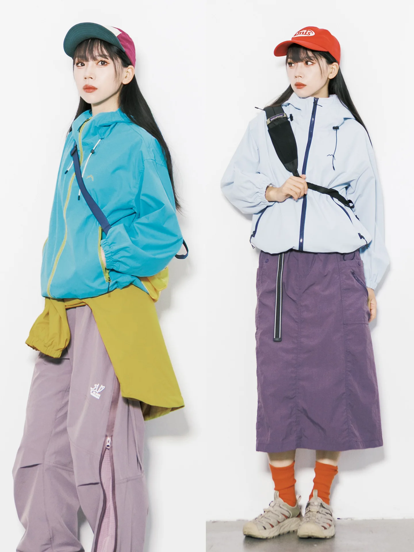 

Unisex Casual Loose Outdoor Windproof Zipper Hooded Jacket Color Block Hiking Coat Polyester Fabric Long Sleeve Drawstring Hem