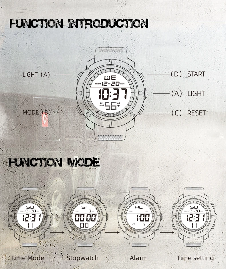 NORTH EDGE Herren Digitaluhren Armee Militär Weltzeit Alarm Sport Stoppuhr Für Männer Wasserdicht 50 Mt Armbanduhr 2022 Relogios – Detail 8