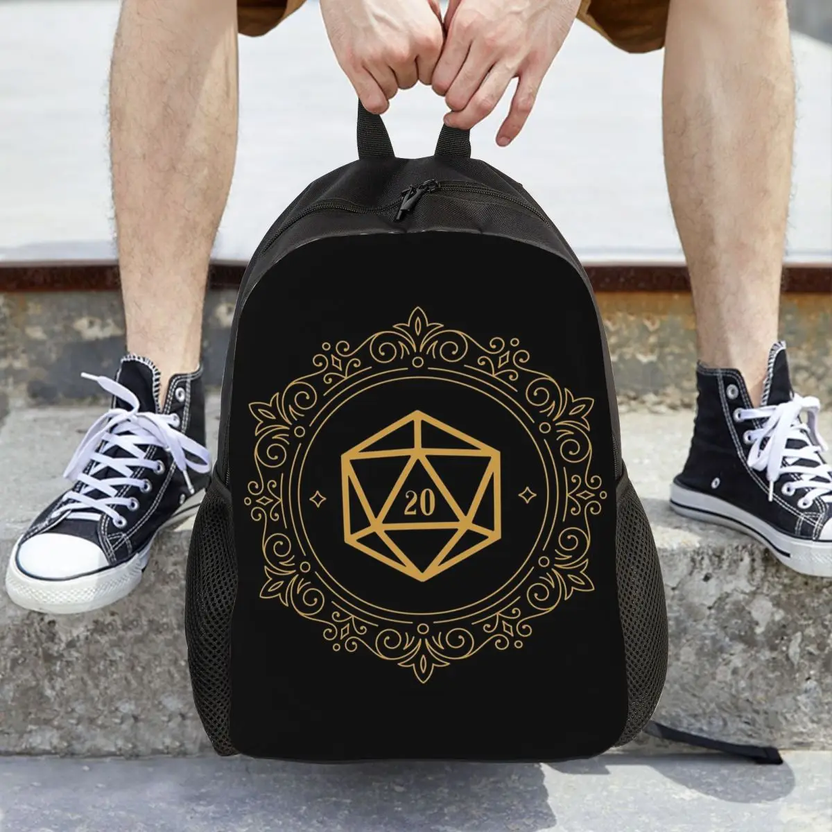 

Polyhedral D20 Dice Monogram Bronze Tabletop RPG Backpack Hot Sale Daypack BookBag School Bag Shoulder Bags for Men Women