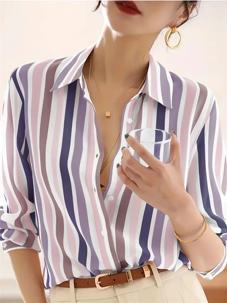 Fashion Luxury Women's Shirts Tops Texture Striped Print Women's Shirts Spring New 2025 Long Sleeve Women Business Office Shirt