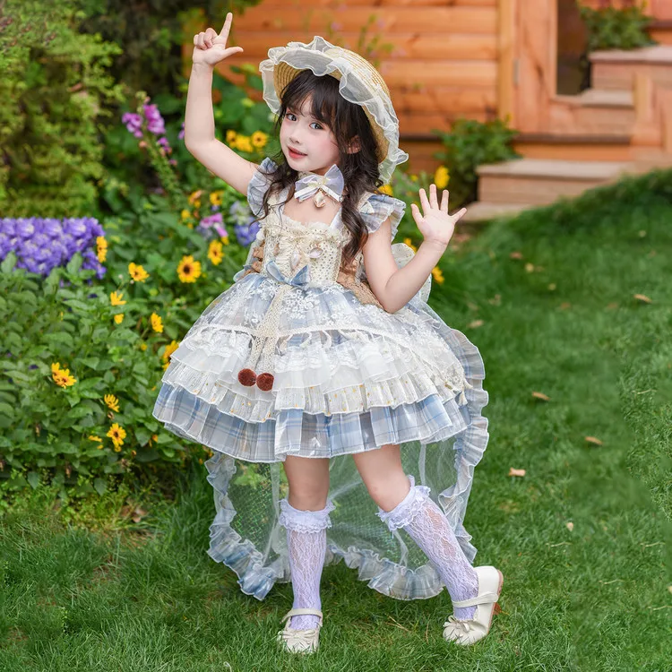 Vestido de Princesa Estilo Boêmio para Meninas, Vestido de Cerimônia Infantil com Saia Rodada e Cintura Doce, Fibra de Poliés...