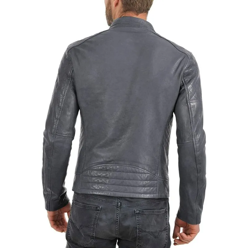 Men's Hand Craft Genuine Lambskin Leather Jacket Natural Grey Biker Urban Zipper