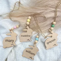 Personalized Custom rabbit Bunny happy Easter party bag Egg Hunt basket Bucket Boho Wooden Bead Tags family kid boy girl gift