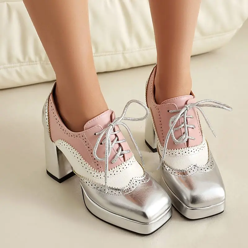 

Girseaby Блестящие модные женские туфли-лодочки с квадратным носком на массивном каблуке 9,5 см, платформа 2 см, шнуровка, разноцветные туфли 44 45 46 47 48 для свиданий