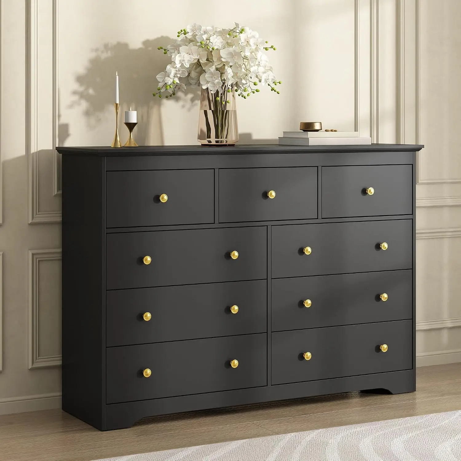 Black Dresser for Bedroom, 9 Drawer Dresser with Large Drawers, 55 Inch Wide Wood Chest for Living Room, Hallway