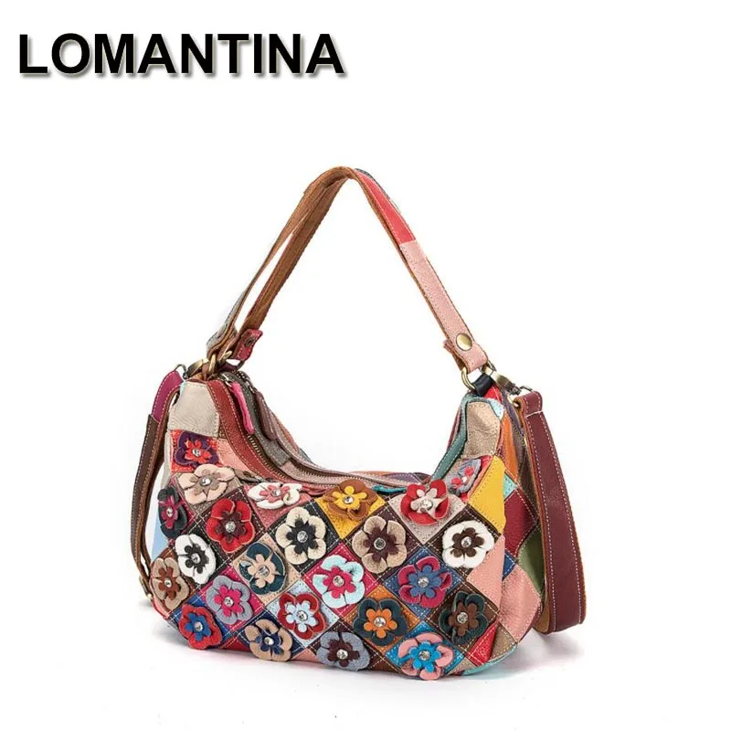 LOMANTINA Large Capacity Women Tote Bag Genuine Leather Handbags Flower Bag Double Layer Purses For Lady's Girl Colorful Beachf