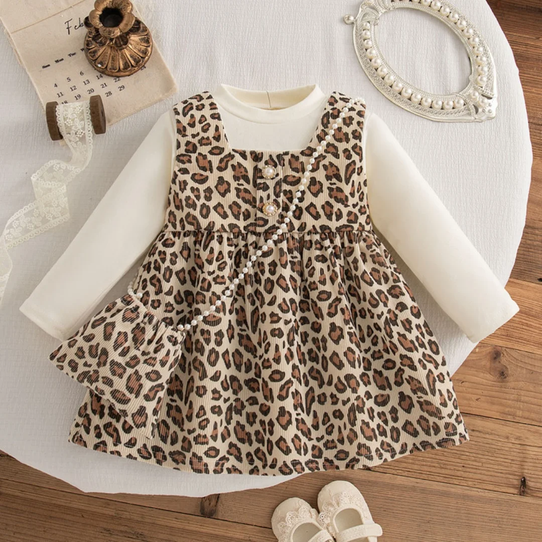 

Autumn 1-4Y Kids Girl Fashion Party Dress for Girl Clothes Leopard Print Fake 2Pcs Dress Long Sleeve Dress with Pearl Strap Bag