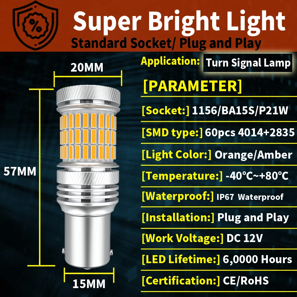 2 PCS Car LED Bulb P21W BA15S 1156 PY21W BAY15D 1157 7440 P21W 3156 Turn Signal Light 12V Amber Auto Reverse Parking Back Lamps