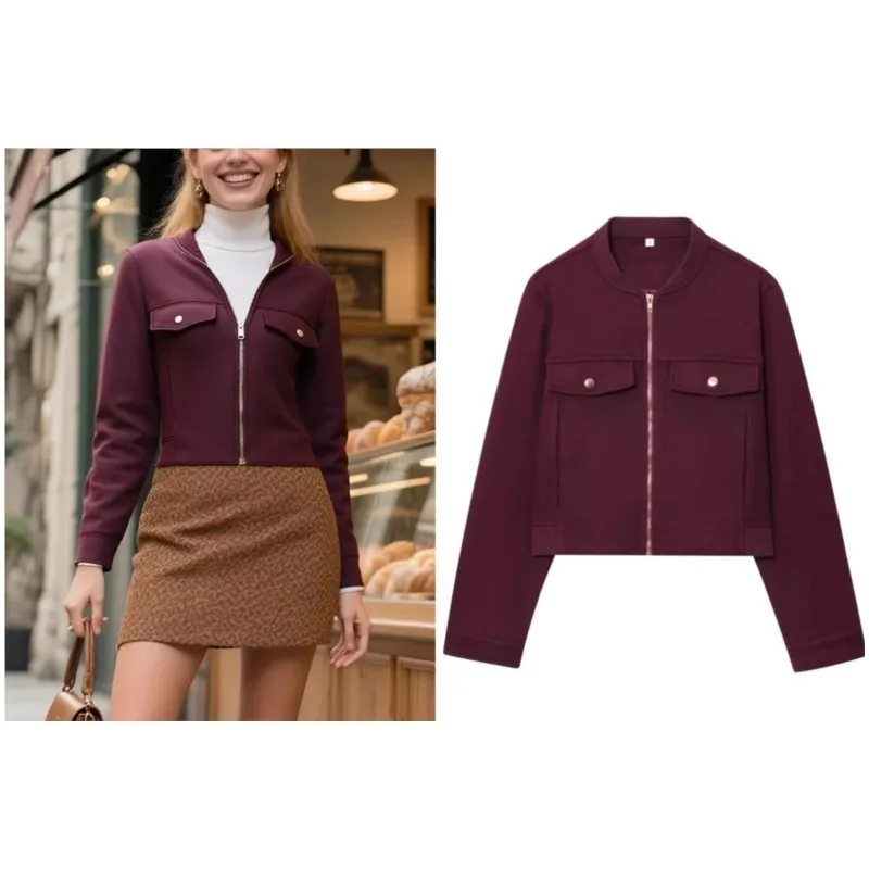 

Women Soft Short Jacket with O Neck Zipper Autumn Fashion Long Sleeve Pocket Women's Jacket Casual Female Coats