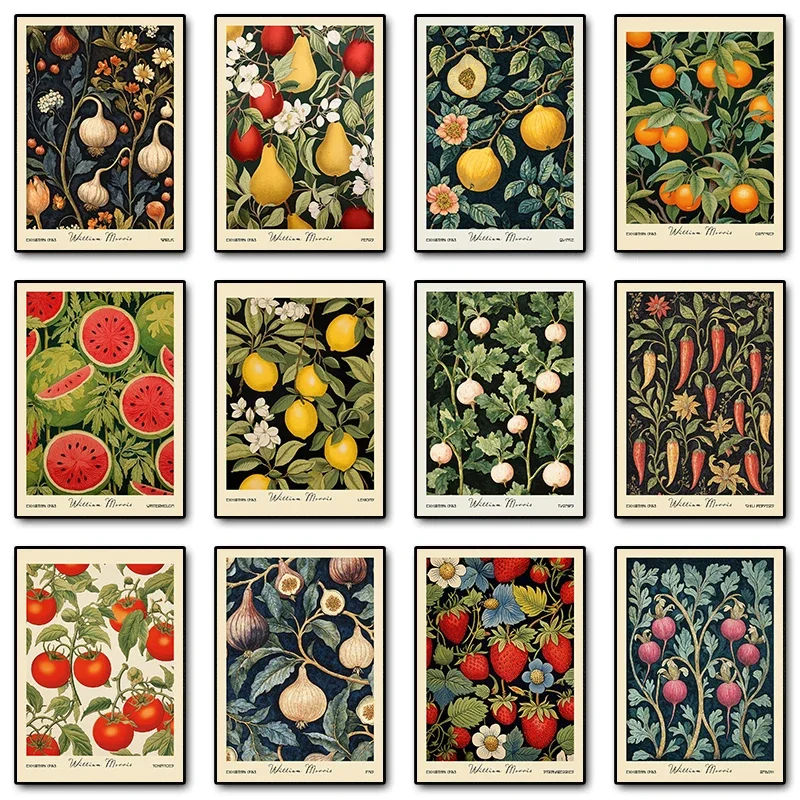 Póster Retro de cocina, comida, fruta, verduras, patata, limón, William Morris, impresión en lienzo, imagen artística de pared, comedor, decoración del hogar