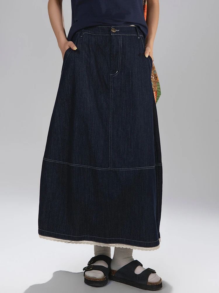 

Retro Style High Waist Denim Skirt Lace Splicing Design Thin Dark Color Button Zipper Pocket Ladies Loose Fit A-Line Skirt