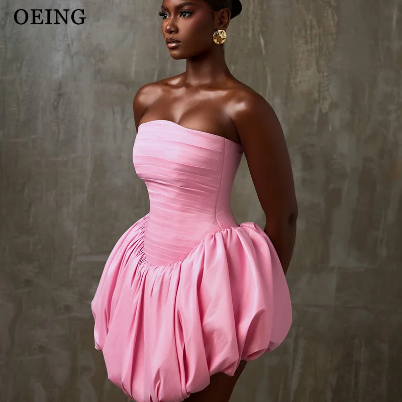 OEING Simple A-Line Pink Prom Dresses Strapless Pleated Bubble Ruffle Sleeveless Party Dresses Short Cocktail Dress Customized