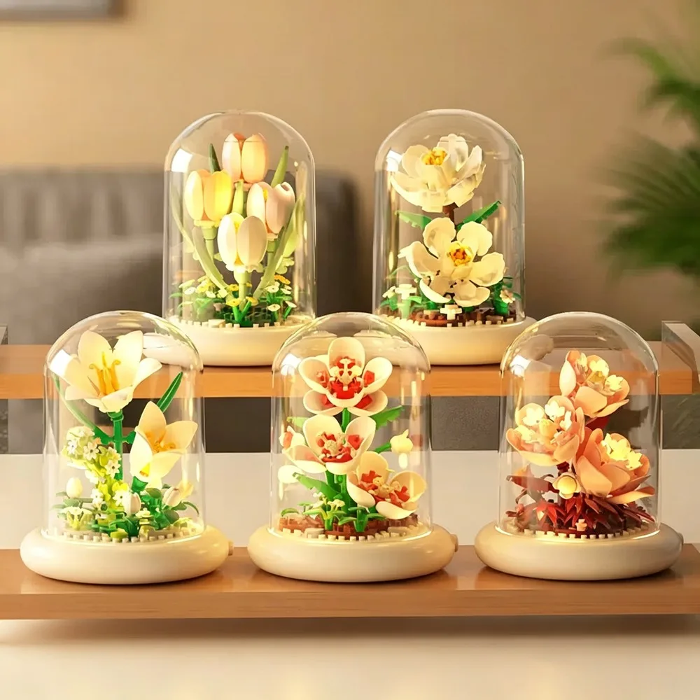 Micro Building Blocks Artificial Forever Flower Lily Rose Bricks with Dust Cover Desktop Ornament Valentine Mothers Day Gift
