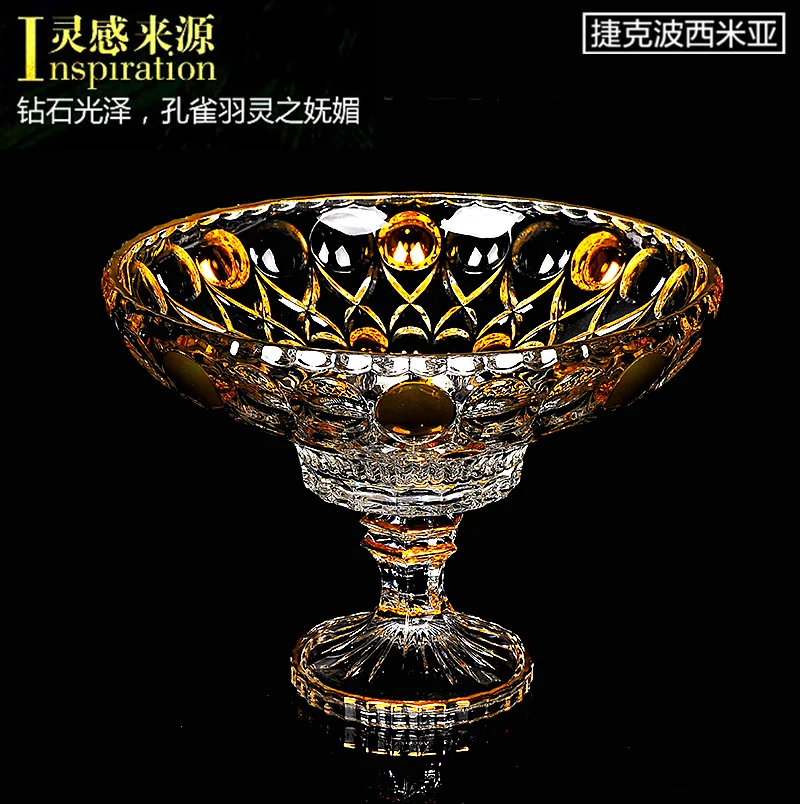 

New Czech gold inlaid lead-free crystal fruit plate flat plate high foot fruit basin tray offering plate glass fruit bowl plate