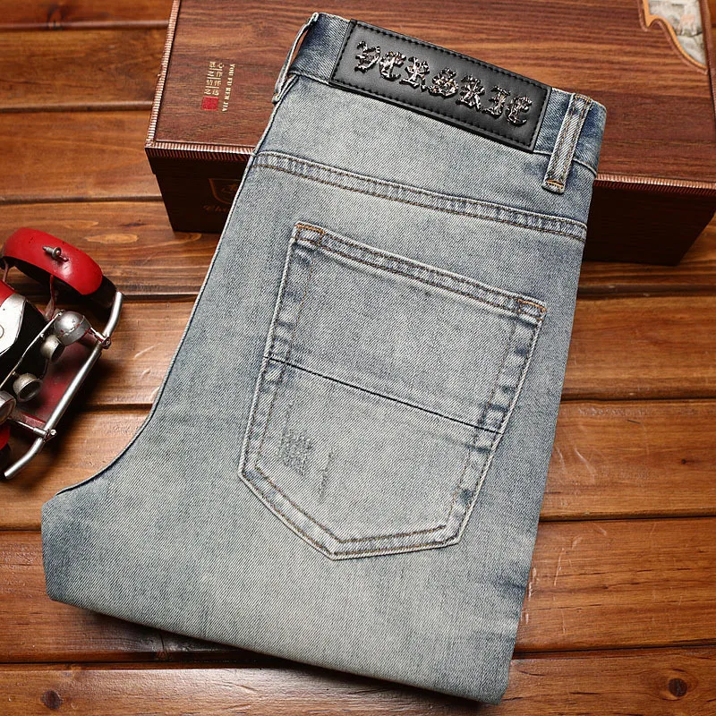 High end summer slim jeans for men, slim fit with small feet, washed with retro printing, trendy and fashionable long pants