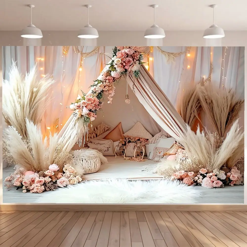Banner per sfondo in stile bohémien, 1 pezzo, teepee bianco con fiori rosa e rosa chiaro, decorazione per interni ed esterni, decorazione per feste