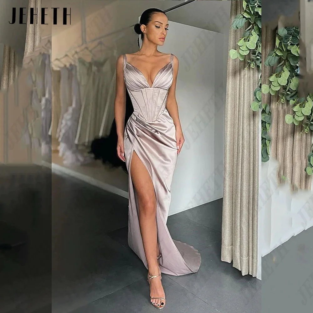 JEHETH Modern Evening Dresses For Woman Spaghetti Straps Mermaid Empire Prom Gowns Side Split Satin Sexy vestidos de gala 2023