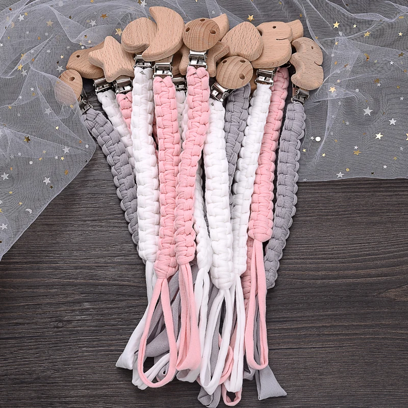 Creative Handmade Weaving Cotton Nipple Clip Chain Baby Teething Care Toy DIY Wooden Infant Animal Pacifier Dummy Holder Clip