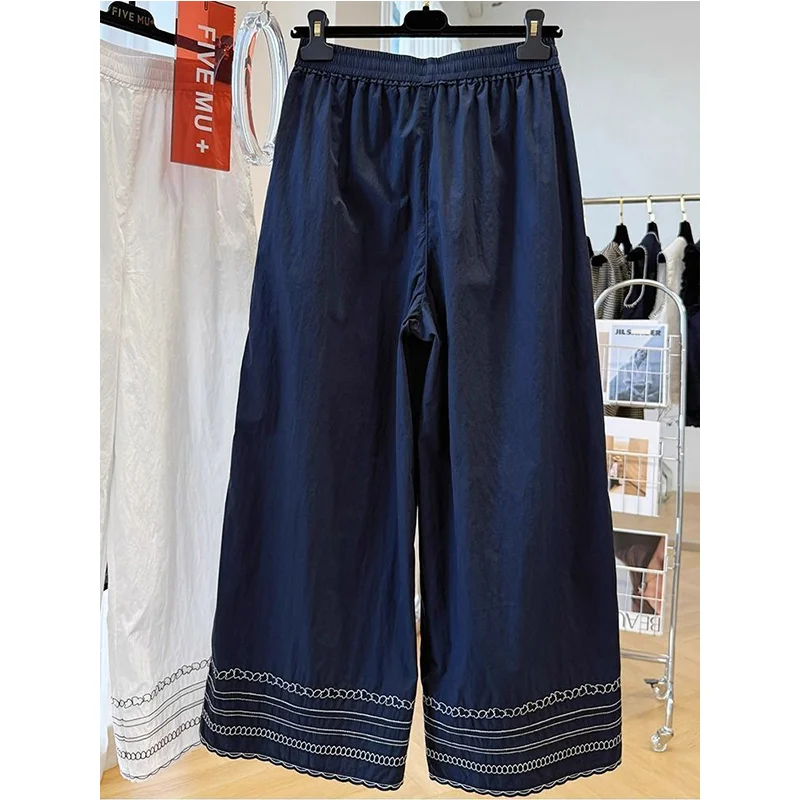 Oversized Women Clothing Casual All-match Embroidered Solid Color Elastic Waist Wide Leg Pants Ladies Simplicity Loose Trousers