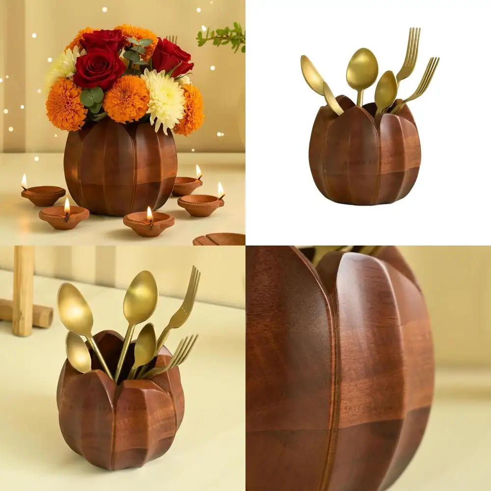 

Деревянная подставка для столовых приборов в форме лотоса - держатель для кухонных ложек и органайзер для обеденного стола | Корзина для хранения посуды (4x4x4.5 дюйма)