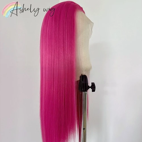 Imagen 2 del producto Peluca con malla Frontal de color rosa intenso, peluca de Cosplay de 26 pulgadas de largo y liso, peluca Frontal de encaje 13*4, Cosplay de Anime, fibras de alta calidad