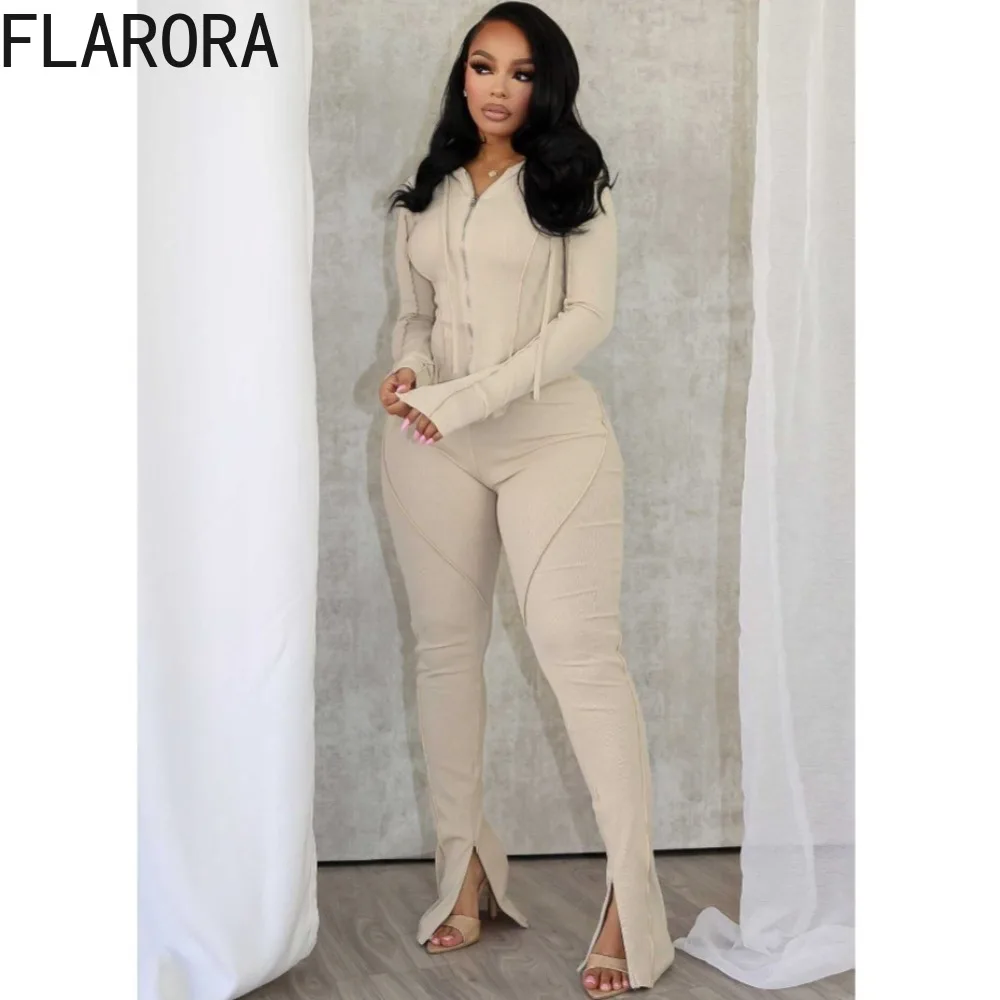 FLARORA-Conjunto deportivo informal de otoño para mujer, chaquetas con capucha y cremallera de manga larga y pantalones acampanados con abertura, ropa de calle, chándales, 2 uds.