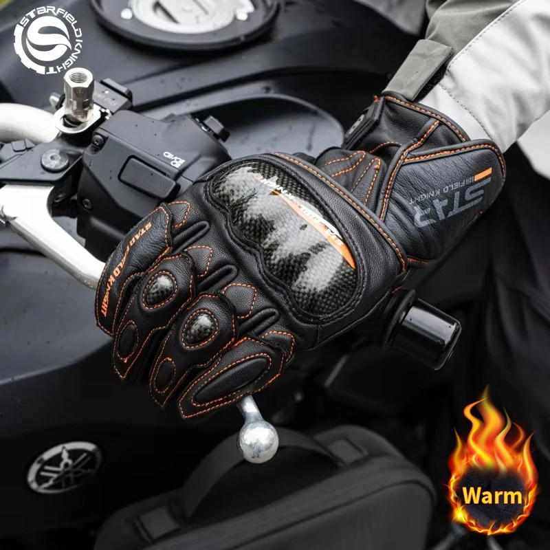 Star Field Knight Winter Warm Motorcycle Carbon Fiber Riding Gloves Waterproof Liner Real Goat Leather Non-slip Wear-resistant