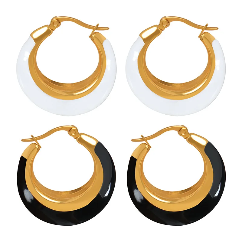 Black White Drip Glue Commuter Earrings Banquet Style Exquisite Jewelry Personalized Hong Kong Style Circle Large Earrings