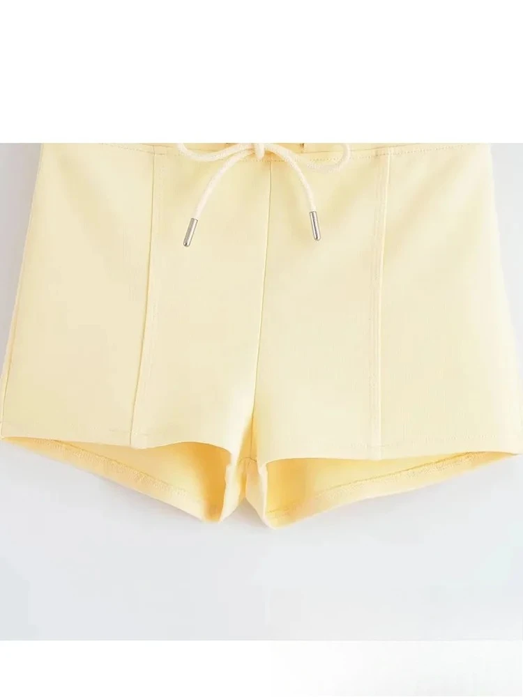 KONDALA Casual Chic Women Suit Yellow Solid Camisole Sleeveless Zipper Short Vest Lace-up Shorts Fashion 2025 Summer Female Sets