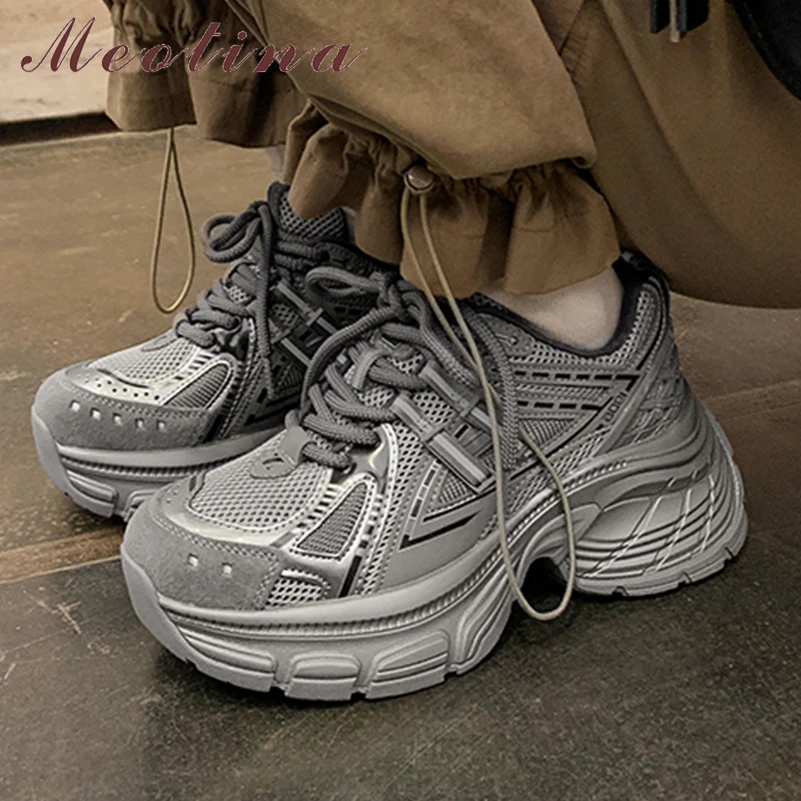 

Meotina Women Sneakers Round Toe Flats Lace-up Platform Mixed Colors Concise Design Ladies Fashion Shoes Spring Autumn Grey 40