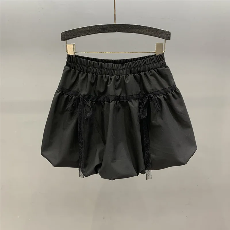 [ZOCI] Drawn Pleated Puffy Design Sense 2024 Summer New Item Elastic Waist Strap Flower Bud Sweet Cool Lantern Short Skirt