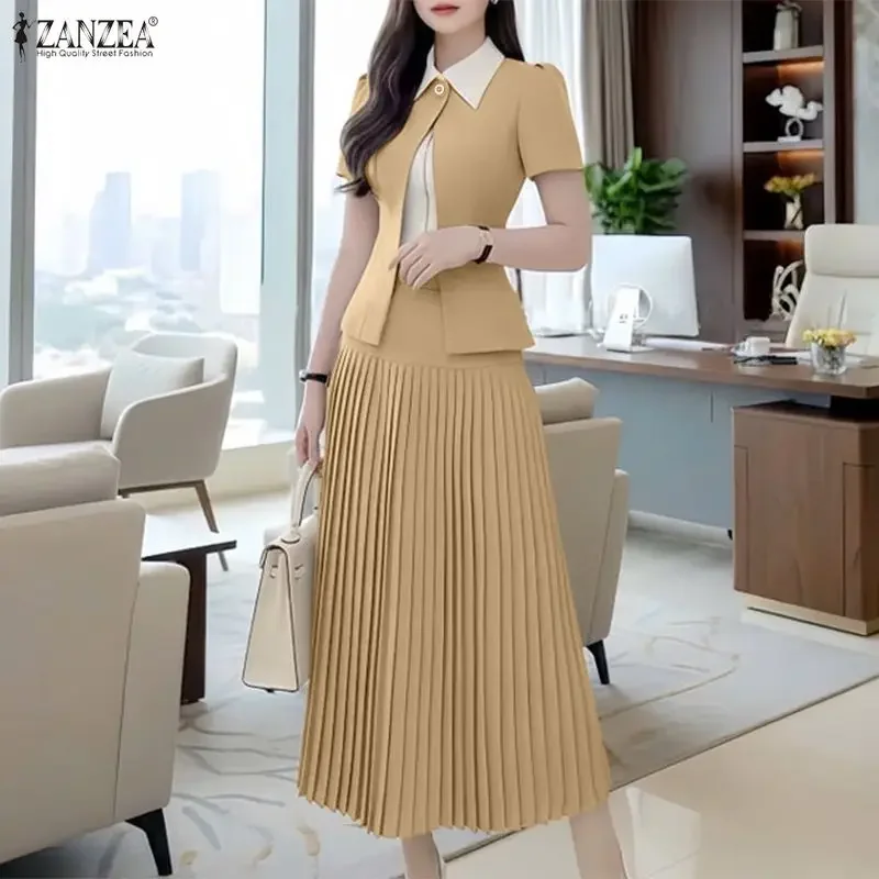 ZANZEA Elegant Dress Sets Women Two-piece Outfits Short Sleeve Shirts and Long Skirts Pleated 2pcs 2026 Summer Casual Solid Sets