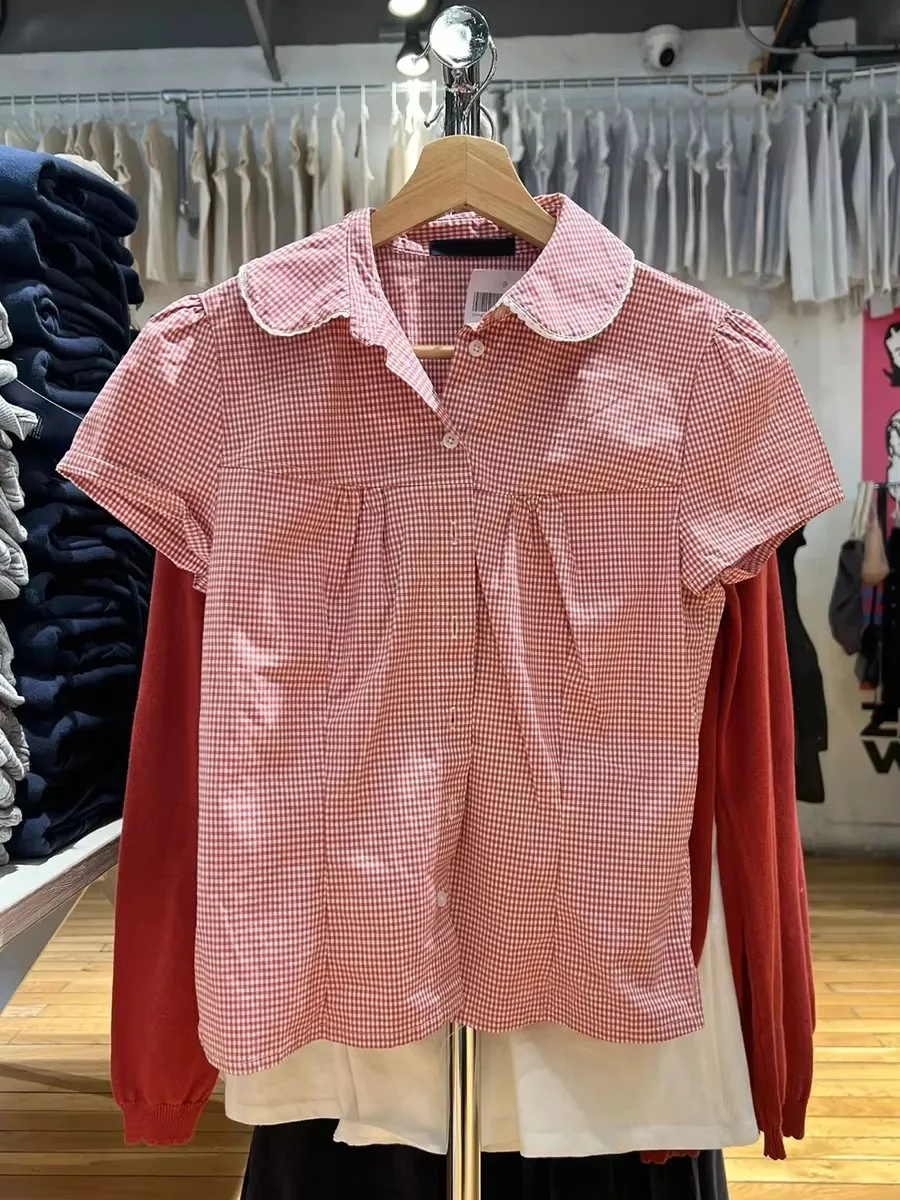 

Pink Plaid Peter Pan Collar Blouse Women New Casual Streetwear Buttons Short Sleeve Tee Sweet Cute Preppy Style T-shirts Y2K Top