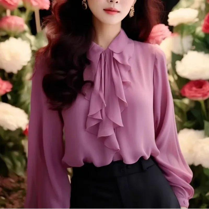 

Fashion Commute Spring Summer Blouses Women's Solid Round Neck Spliced Ruched Ruffles Loose Long Sleeve Chic Chiffon Shirts L294